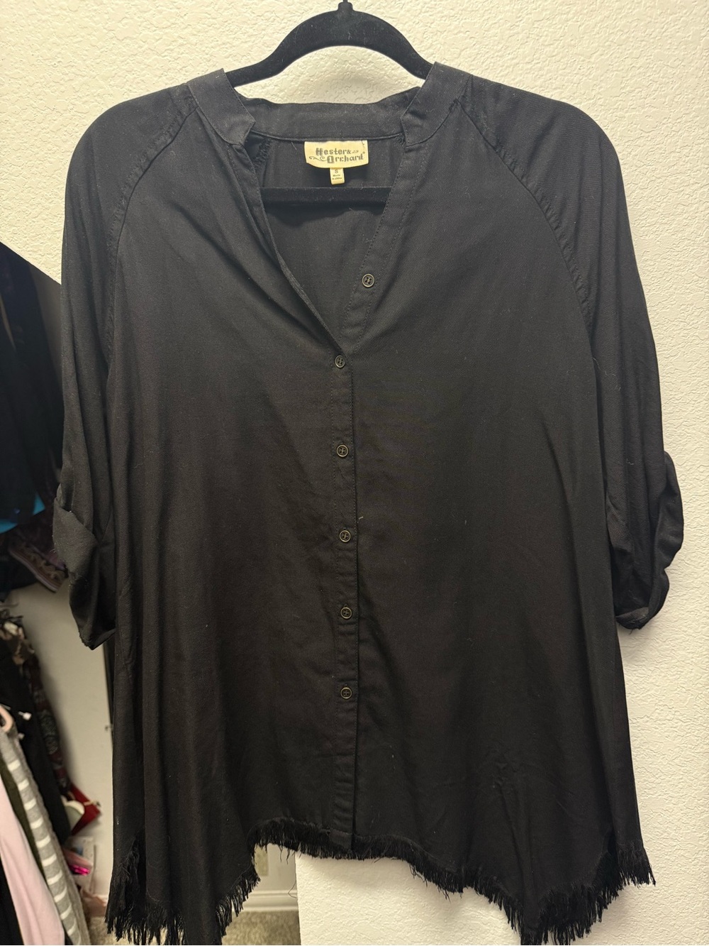 Black Button-Front Women's Tunic with Fringed Hem